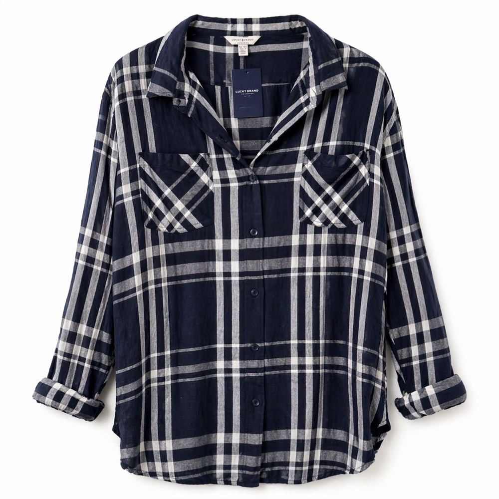 Lucky Brand Navy and White Plaid Button-Up Shirt
